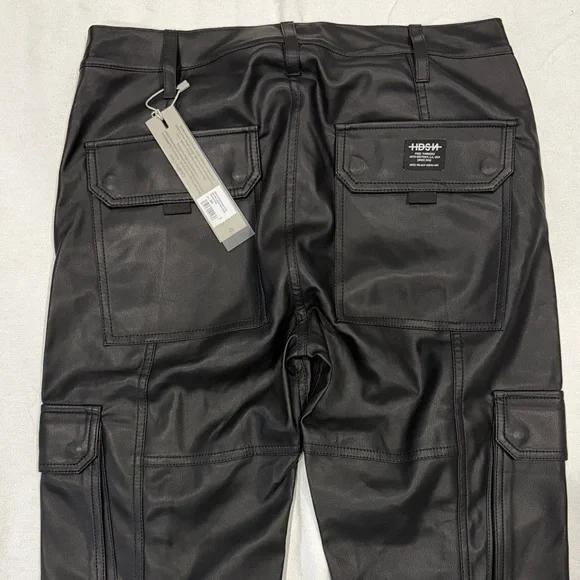 Men's Hudson Faux Leather Black Walker Kick Flare Cargo Pants New Size 30